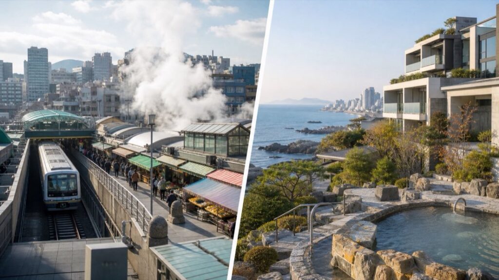 부산의 역사적인 동래 온천거리와 해안 도시 온천권을 비교한 실사형 이미지