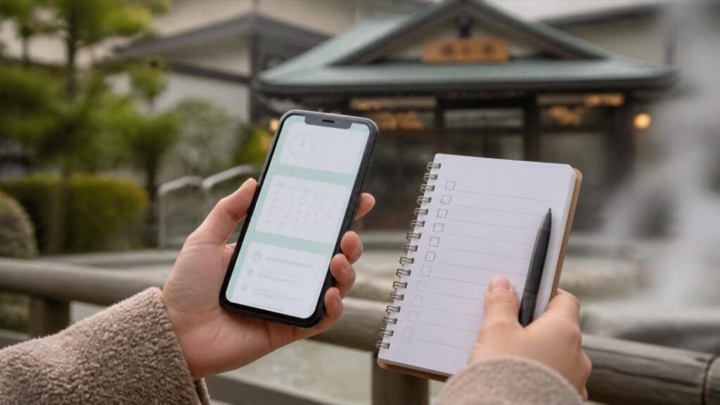 스마트폰과 달력, 메모장으로 온천 영업시간과 가격을 확인하는 실사형 이미지