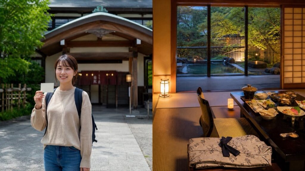 일본 온천 당일 입욕과 유카타·식사가 포함된 료칸 숙박을 비교한 실사형 이미지